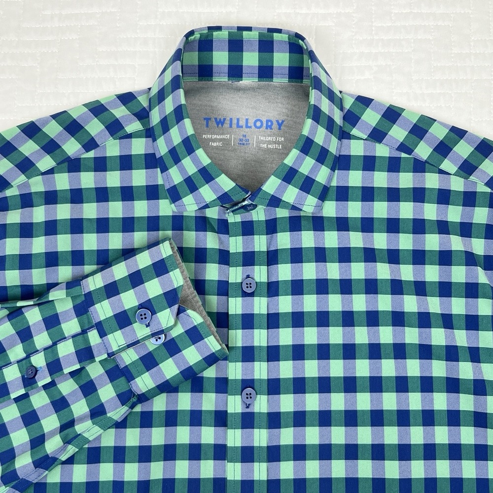 Twillory Performance Shirt Mens 18 32/33 Tailored Fit Green Blue Gingham